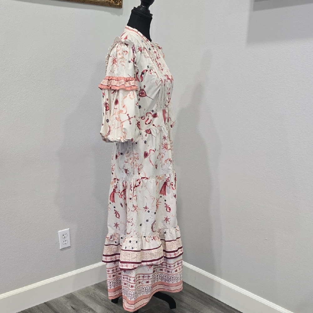 Marchesa Rosa Parker Midi Dress Button Down Puff Sleeve Cream Red Size 8 - Picture 6 of 10